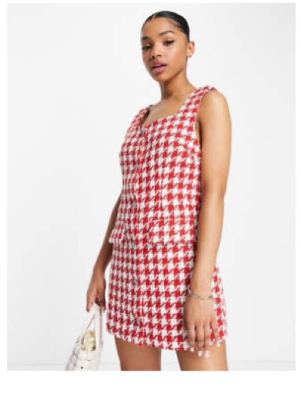 Red & White Houndstooth Sleeveless Mini Dress